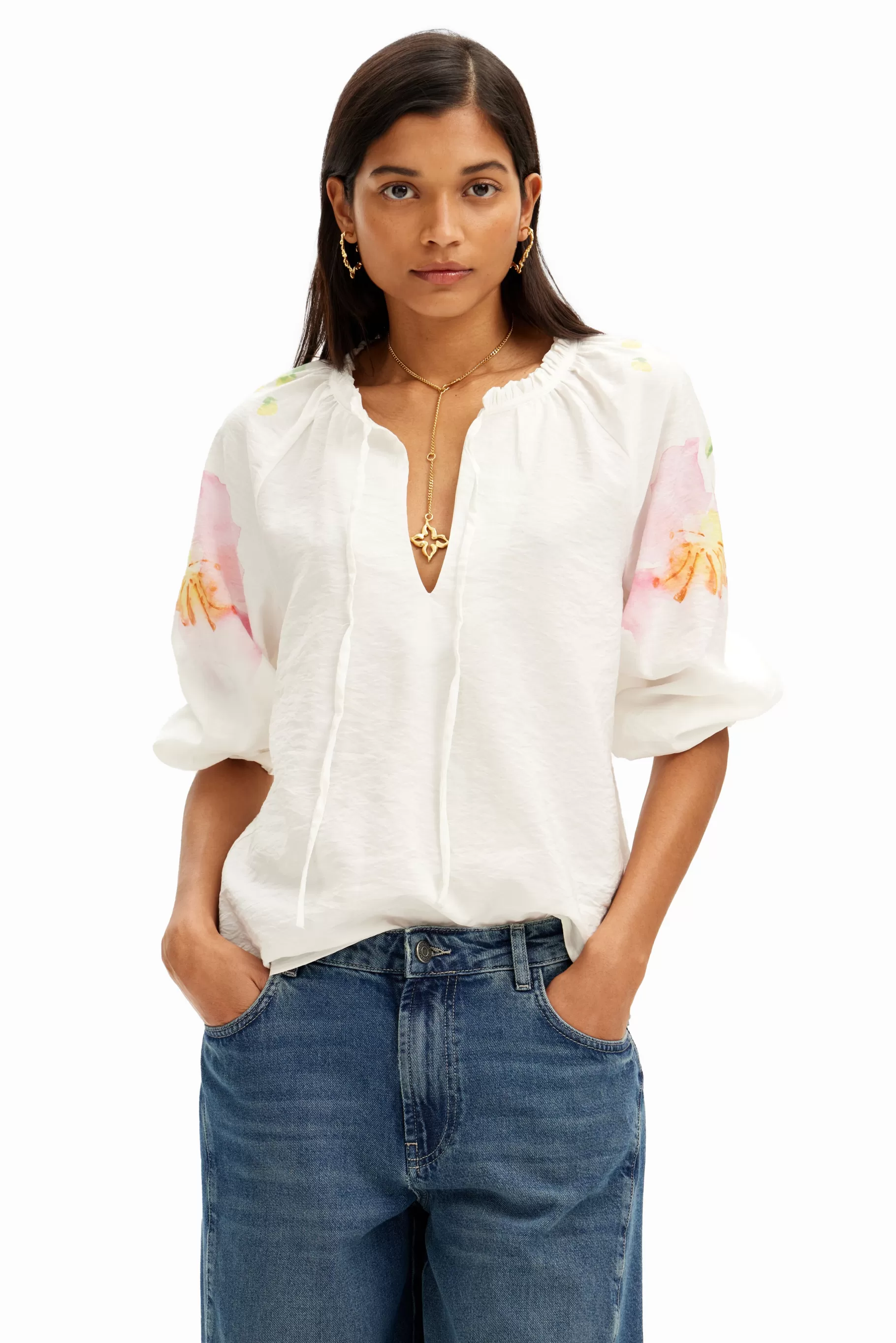 Desigual Blusa vaporosa con estampado de flores en acuarela*Mujer Camisas Y Blusas