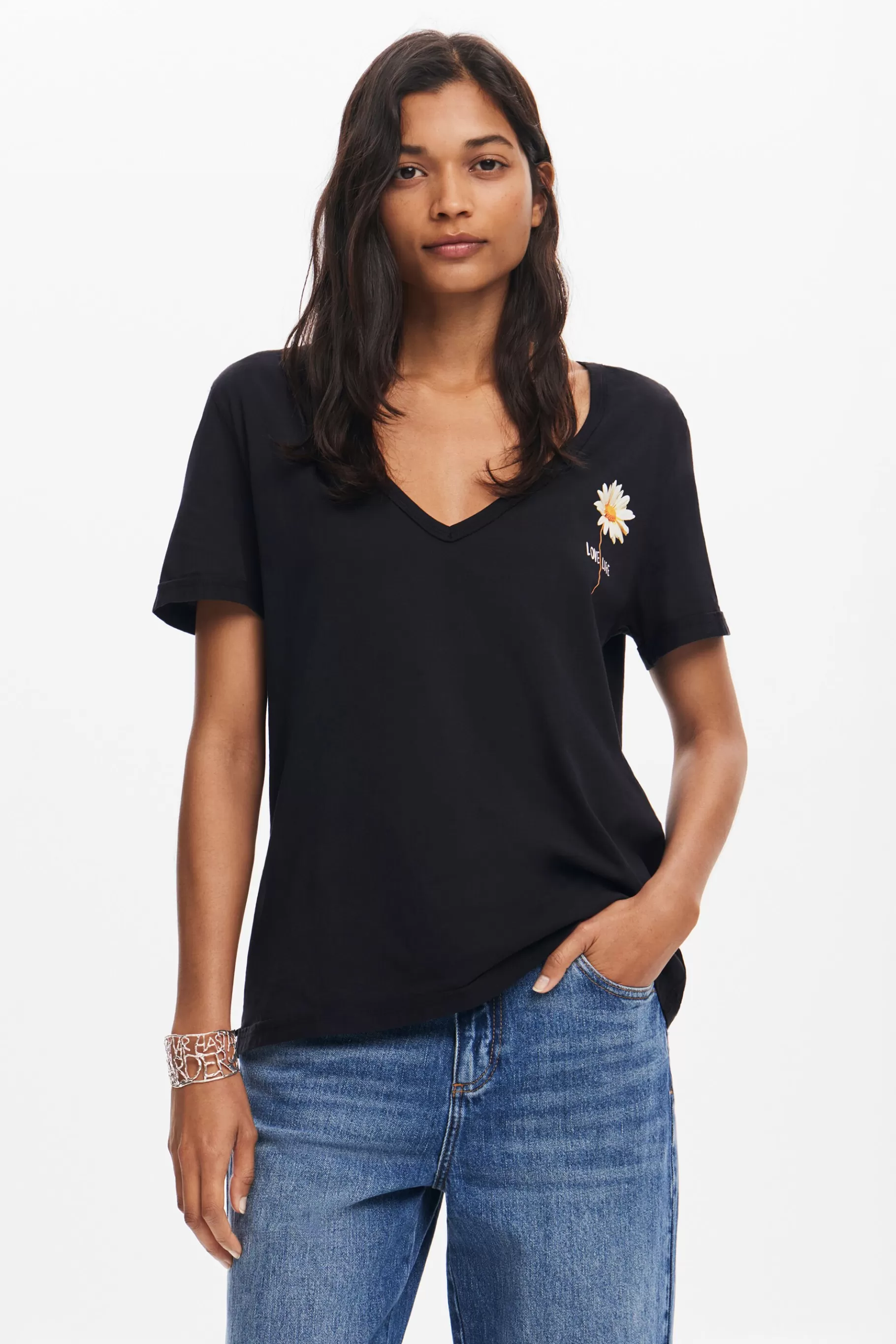 Desigual Camiseta escote pico flor*Mujer Camisas Y Blusas | Camisetas